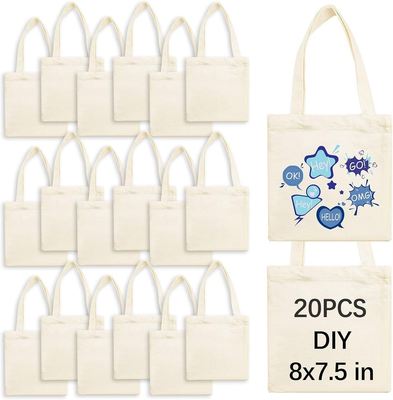 OKBA 20 Pcs 8X7.5 Inch Sublimation mini tote bags,Blank Canvas Tote Bags Reusable Grocery Bags, small tote bags for kids DIY - Image 1